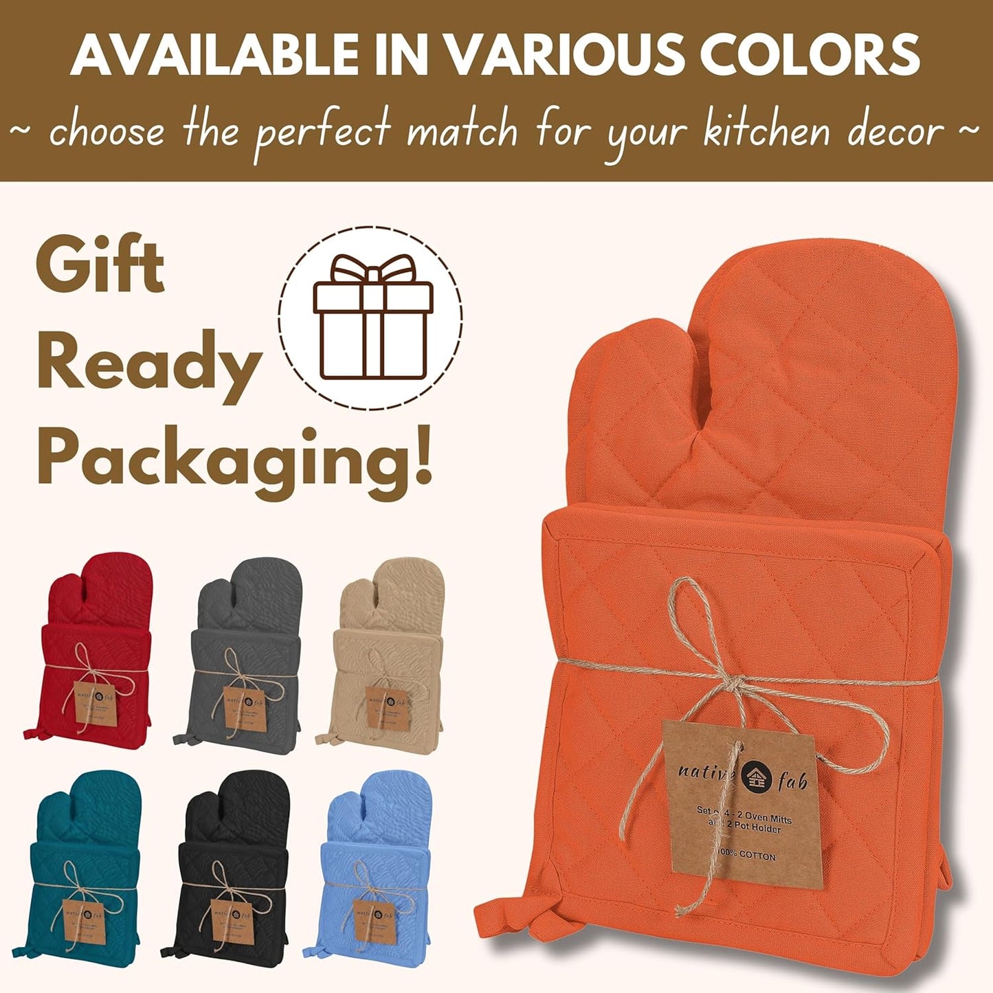 Native Fab 4 Piece Set - 2 Oven Mitts & 2 Potholders, Heat Resistant, 100% Cotton, Quilted Design, Non-Slip Grip, Machine Washable, Ideal for Baking, Cooking, BBQ, Kitchen Protection - Orange