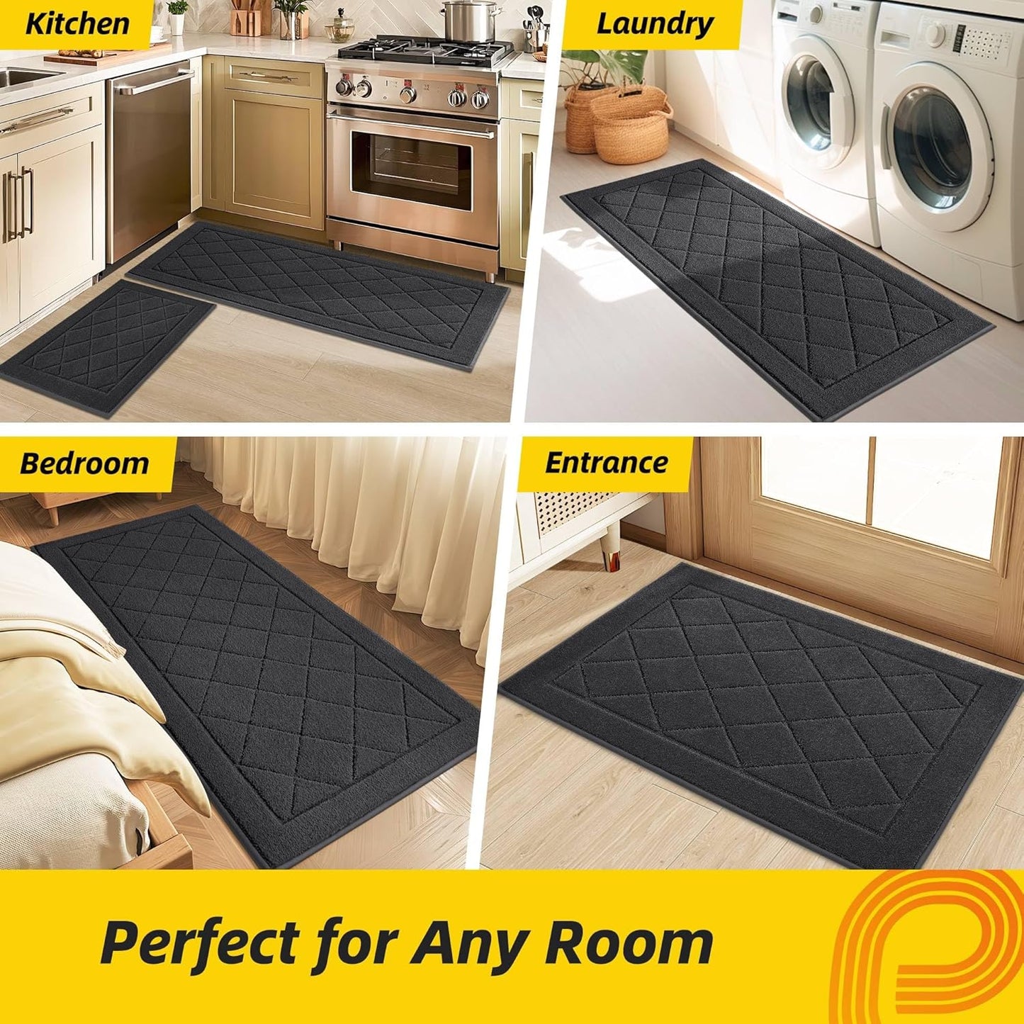 JSEI Non-Slip Kitchen Rugs, Self Adhesive No Sliding Kitchen Mats Set of 2, Soft Washable Absorbent Floor Mat for Kitchen, Bathroom, Laundry Room, Bedroom, 20”x32”+20”x48”, Dark Grey, Diamond Pattern