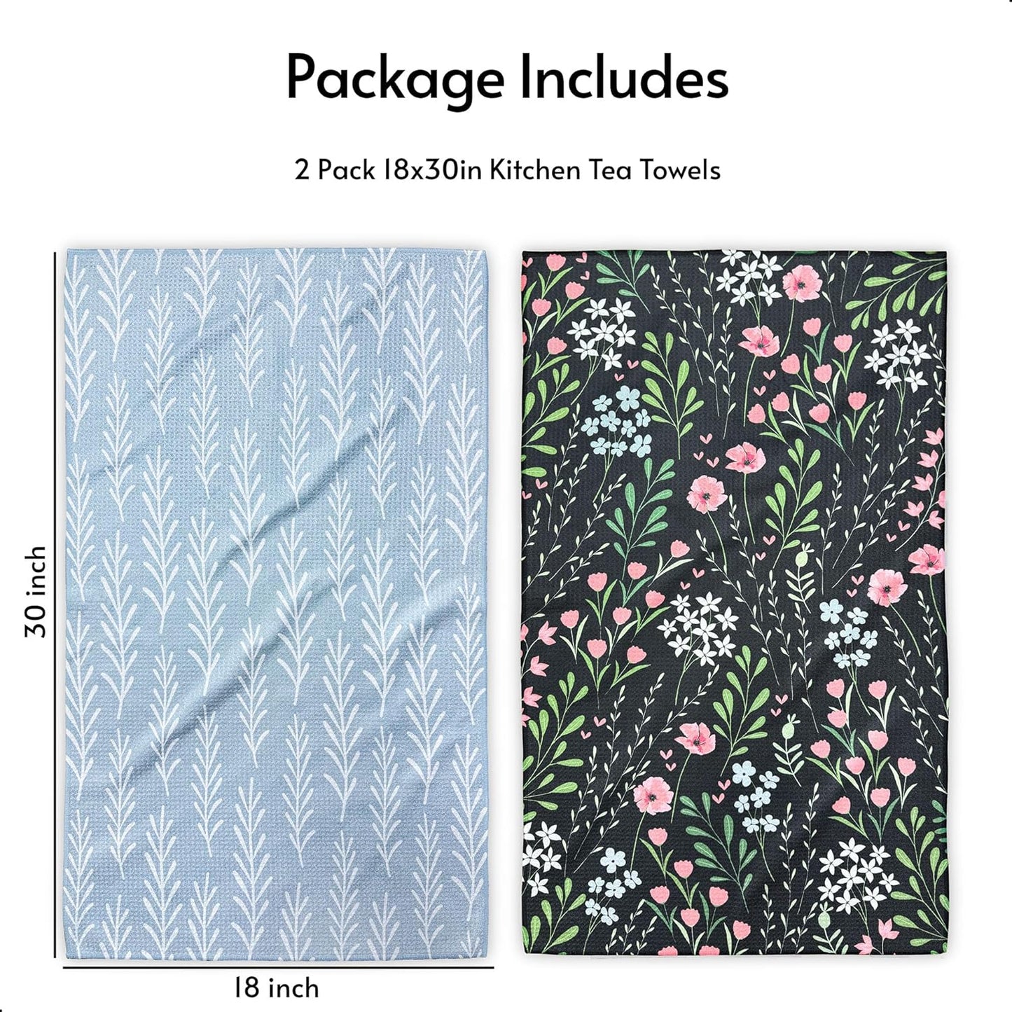 Kitchen Towels, 18" x 30" Dish Towels for Kitchen Drying, Quick Dry Tea Towels, Premium Microfiber Dish Cloths, Midnight Bloom Series, 2-Pack