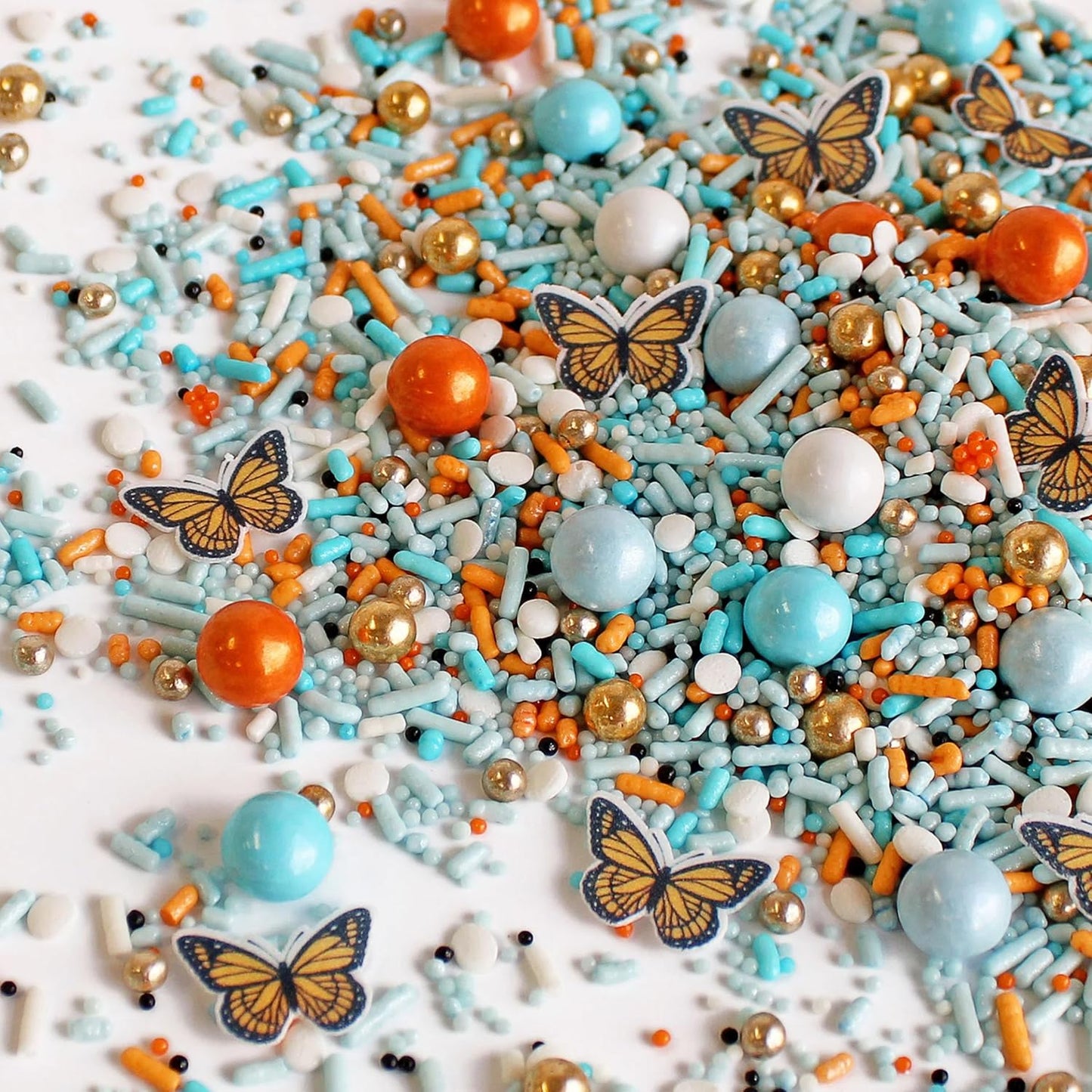 Sprinkle Pop Monarch Butterfly Sprinkle Mix| Blue Orange Sprinkles with ~20 Butterfly Wafer Paper and Gold Dragees| Decorating Sprinkles Made In USA for Mother’s Day Cupcakes Cakes Cookies Donuts, 4oz