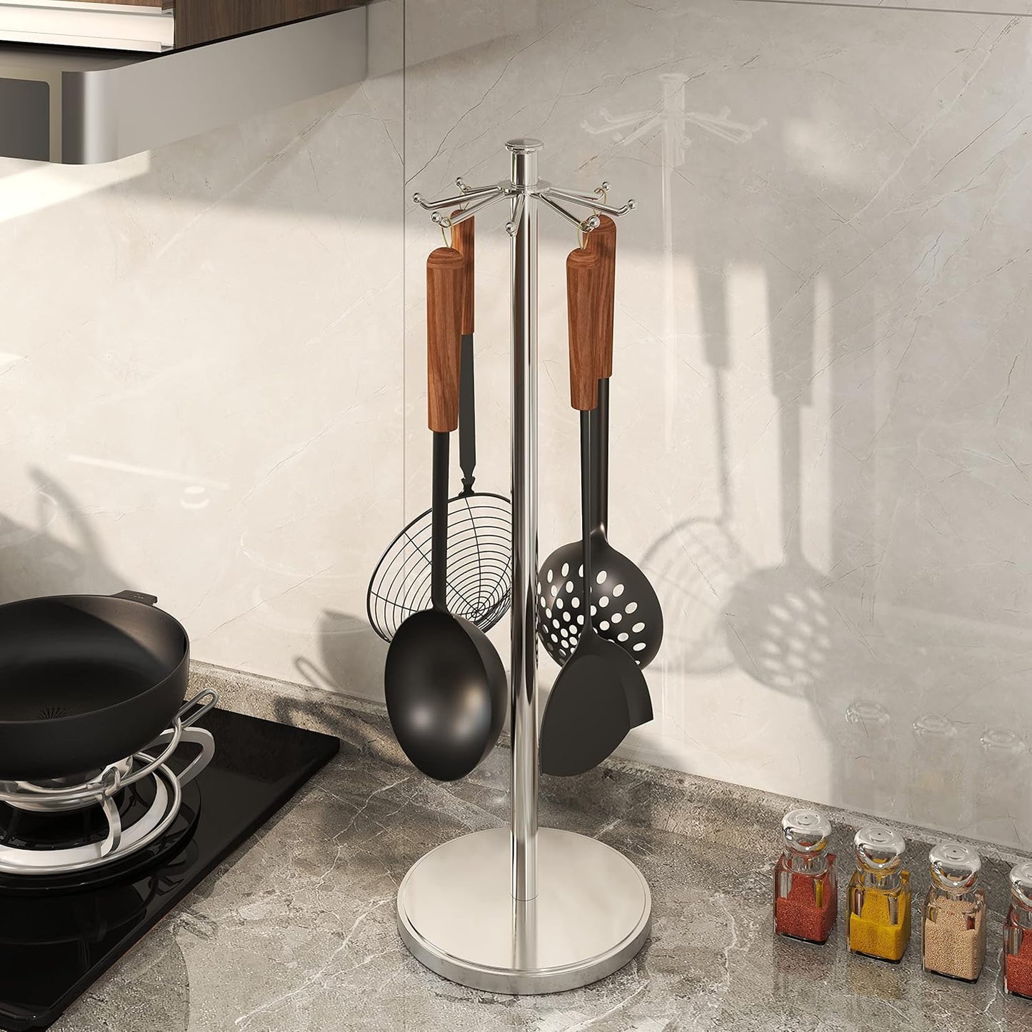 Kitchen Countertop Utensil Holder, Stainless Steel Rotatable Cooking Utensils Holder with 8 Rotating Hooks, Hanging Organizer for Spoon, Spatula, Soup Ladle, Spaghetti Server, Skimmer, Chrome