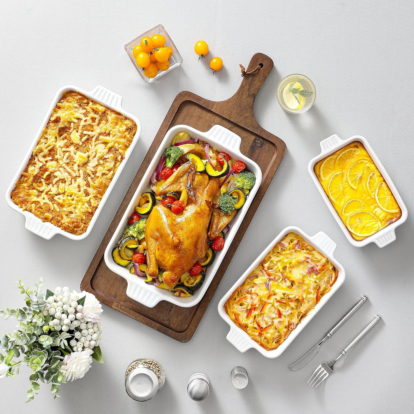 MALACASA Casserole Dishes for Oven, Porcelain Baking Dishes, Ceramic Bakeware Sets of 4, Rectangular Lasagna Pans Deep with Handles for Baking Cake Kitchen, White (9.4"/11.1"/12.2"/14.7"), Series