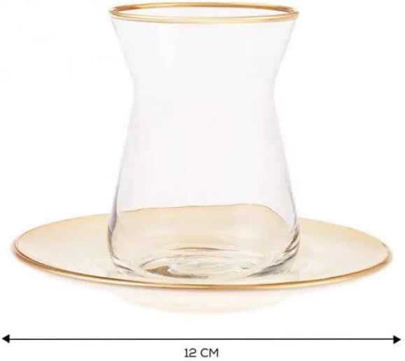 KARACA Retro Beige 6 Person Tea Set - 12 Piece Turkish Tea Cups and Saucers, Turkish Tea Glasses Set with Gold Decal Details