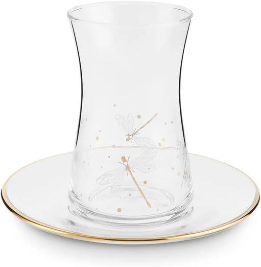 KARACA Yusufcuk Glass Elegant Tea Glass Set of 6 - (12 Piece) Clear Turkish Tea Cup Glasses and Saucers, 5.74 oz Curved Design Drinkware Cups