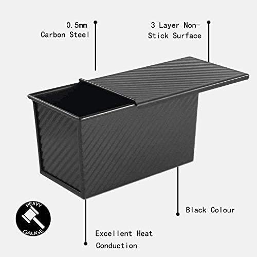 CHEFMADE Pullman Loaf Pan with Lid, 1Lb Dough Capacity Non-Stick Rectangle Corrugated Bread Pan, Carbon Steel Bakeware Toast Mold with Cover for Baking Bread - Black