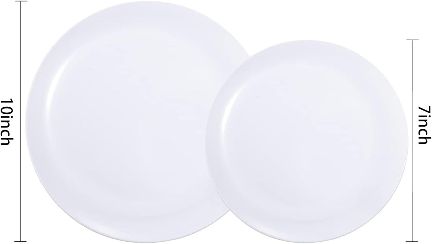 PULOTE 200 Pieces White Plastic Plates Disposable - Include 100PCS 10 inch Dinner & 100PCS 7 inch Dessert Plates, Ideal for Party & Wedding