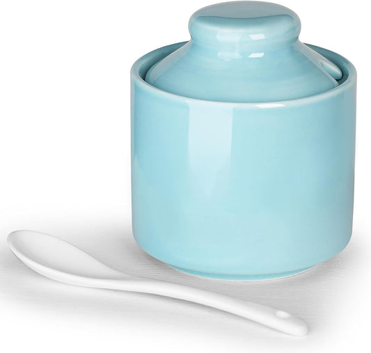 HAOTOP 8 oz Sugar Bowl with Lid and Spoon,Ceramic Sugar Jar Sugar Dispenser Sugar Container Coffee Bar Accessories, Kitchen Countertop Canisters (Turquoise)