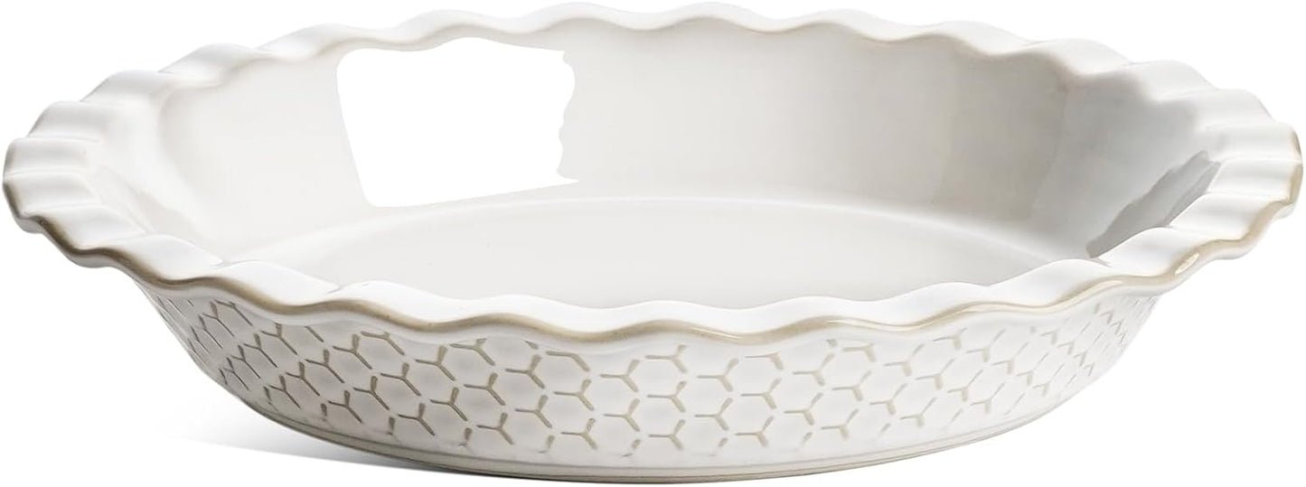 LE TAUCI Pie Pans for Baking 9 Inch, Ceramic Pie Plate for Apple Pie, Round Baking Dish Oven Safe, Embossment Housewarming Wedding Present - 36 OZ, Set of 1, Honey Comb, Arctic White