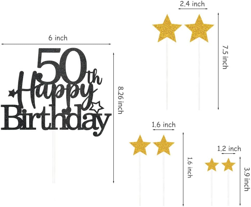 Glittery 50th Happy Birthday Cake Topper with Star,Personalised 50 Birthday Cake Toppers Party Decorations Party Supplies for Men Women Black Gold