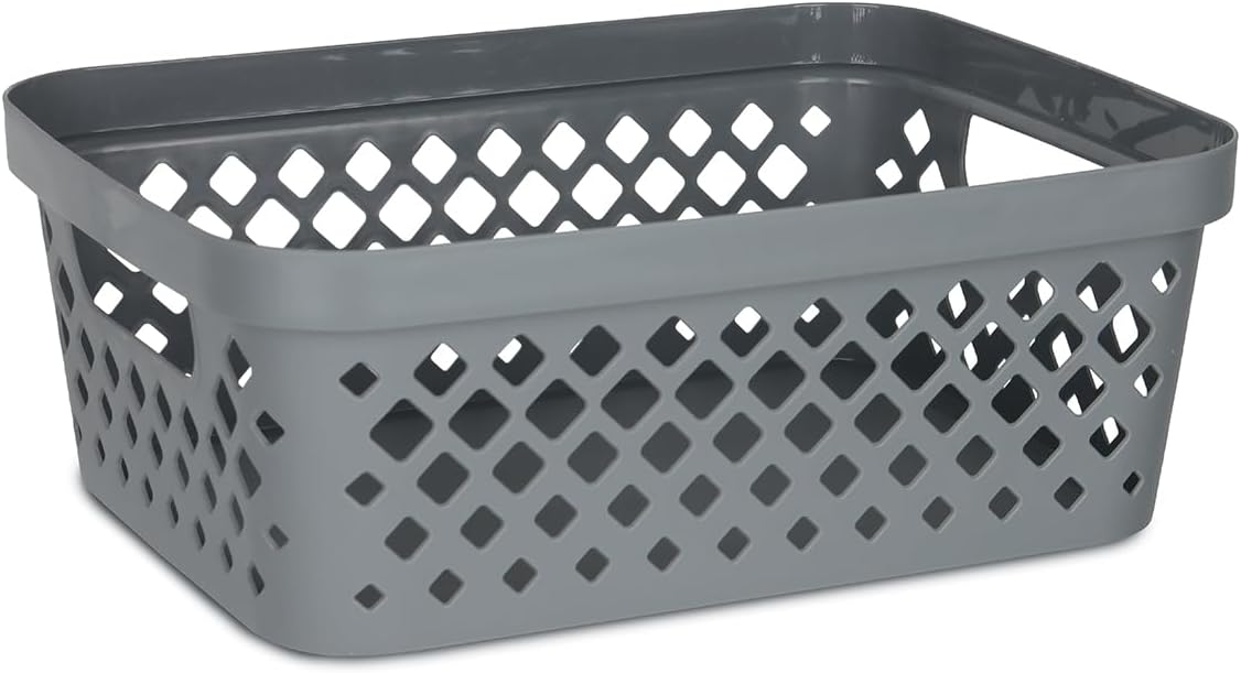Glad Plastic Storage Basket Set, Value Pack of 6 | Open Storage Bins for Shelves, Bathroom, Pantry, Closet | Nesting Organizer Boxes with Handles, 2 Gallon, Grey