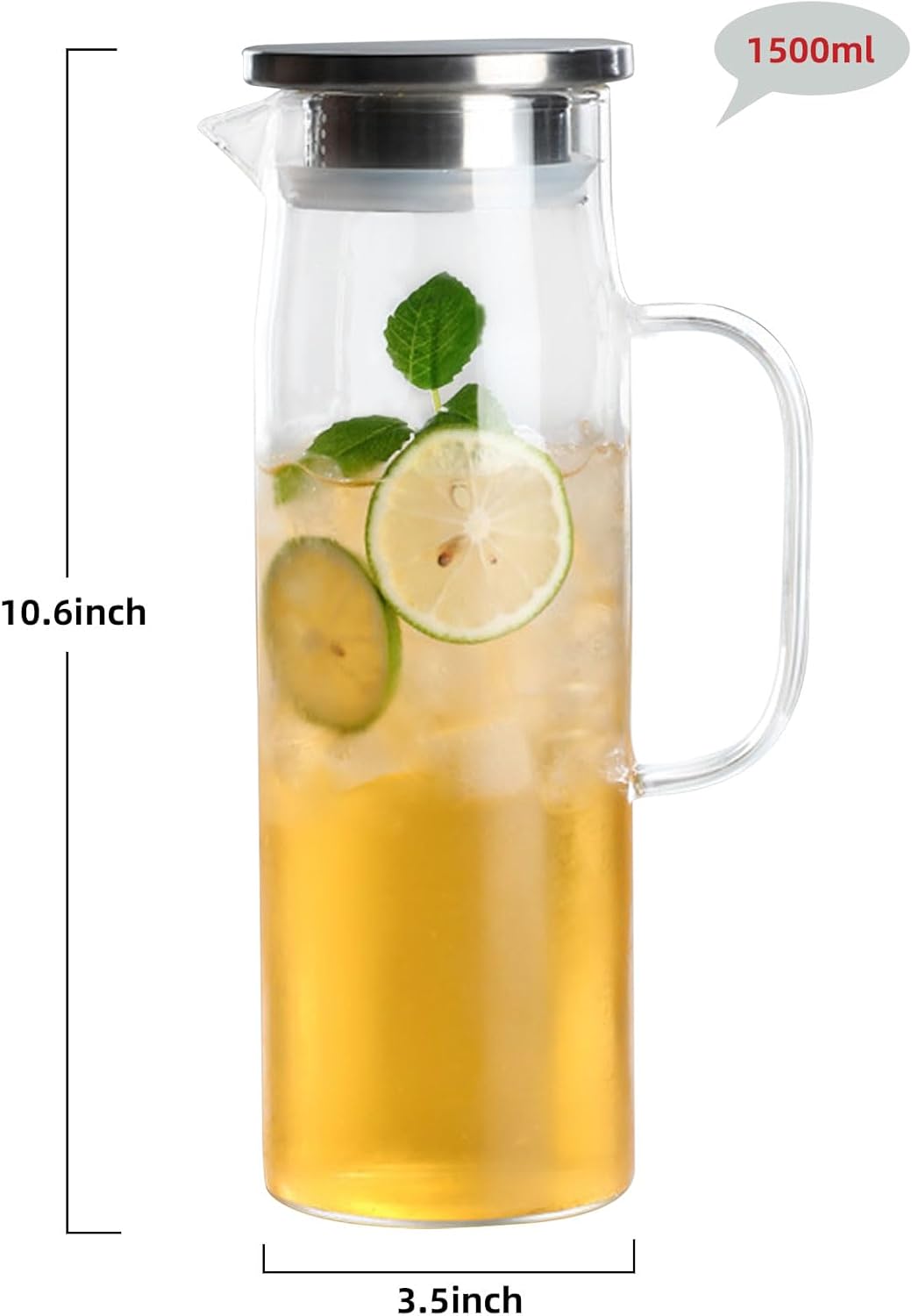 hjn Glass Pitcher with Lid Glass Water Carafe with Handle, Fridge Water Jug Cold or Hot Beverages, Iced Tea, Milk, Juice 1500ml/51oz & aluminium lid