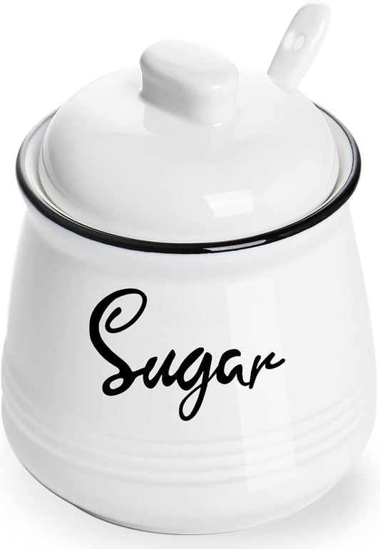 HAOTOP Farmhouse Porcelain Sugar Bowl with Lid and Spoon 12oz,Easy to Clean (White)