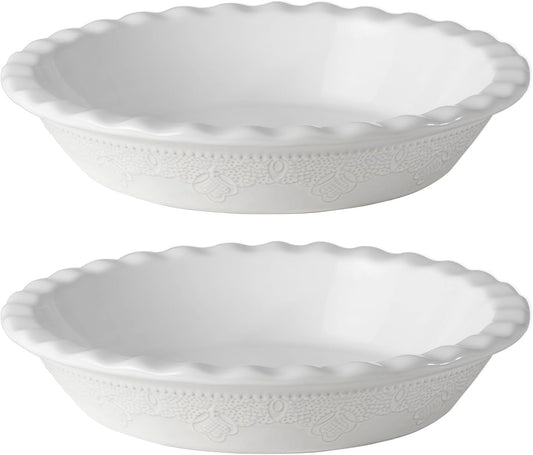 Fun Elements Pie Pan, 9 Inch Ceramic Pie Dish, Deep Dish Pie Pan with Lace Emboss, Ruffled Pie Plate for Baking, Thanksgiving Christmas Gifts, Set of 2, White