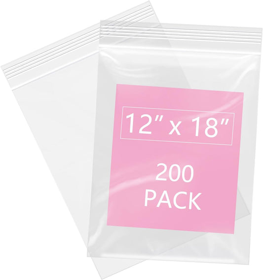 iMailer - 200 Pcs- 12" x 18" Reclosable Plastic Zip Poly Bags 2 Mil - Clear Zip Bag for Clothing, T-Shirts, Pants