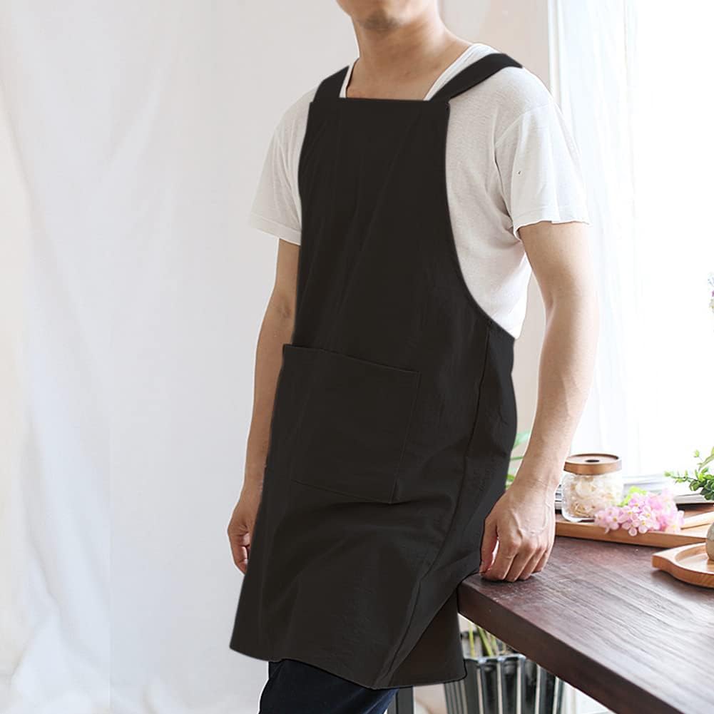 NEWGEM Japanese Linen Cross Back Cooking Aprons for Women Men with Pockets Cute for Baking Kitchen