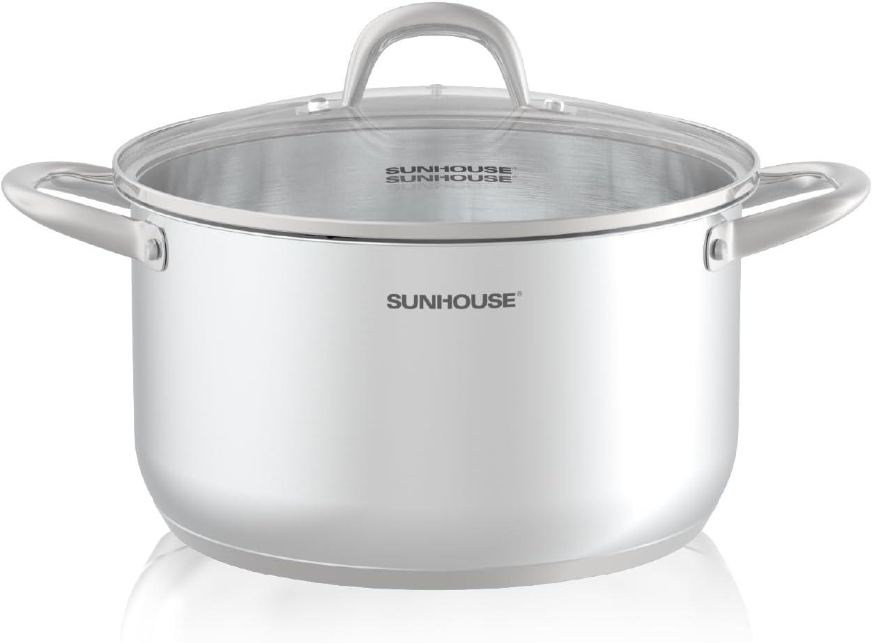 SUNHOUSE 8 Quart Stock Pot with Lid - 3-Ply Bottom Stainless Steel Pasta Cooking Canning Dutch Oven Pot - Induction Compatible for All Stovetops - Dishwasher Safe & Oven Safe