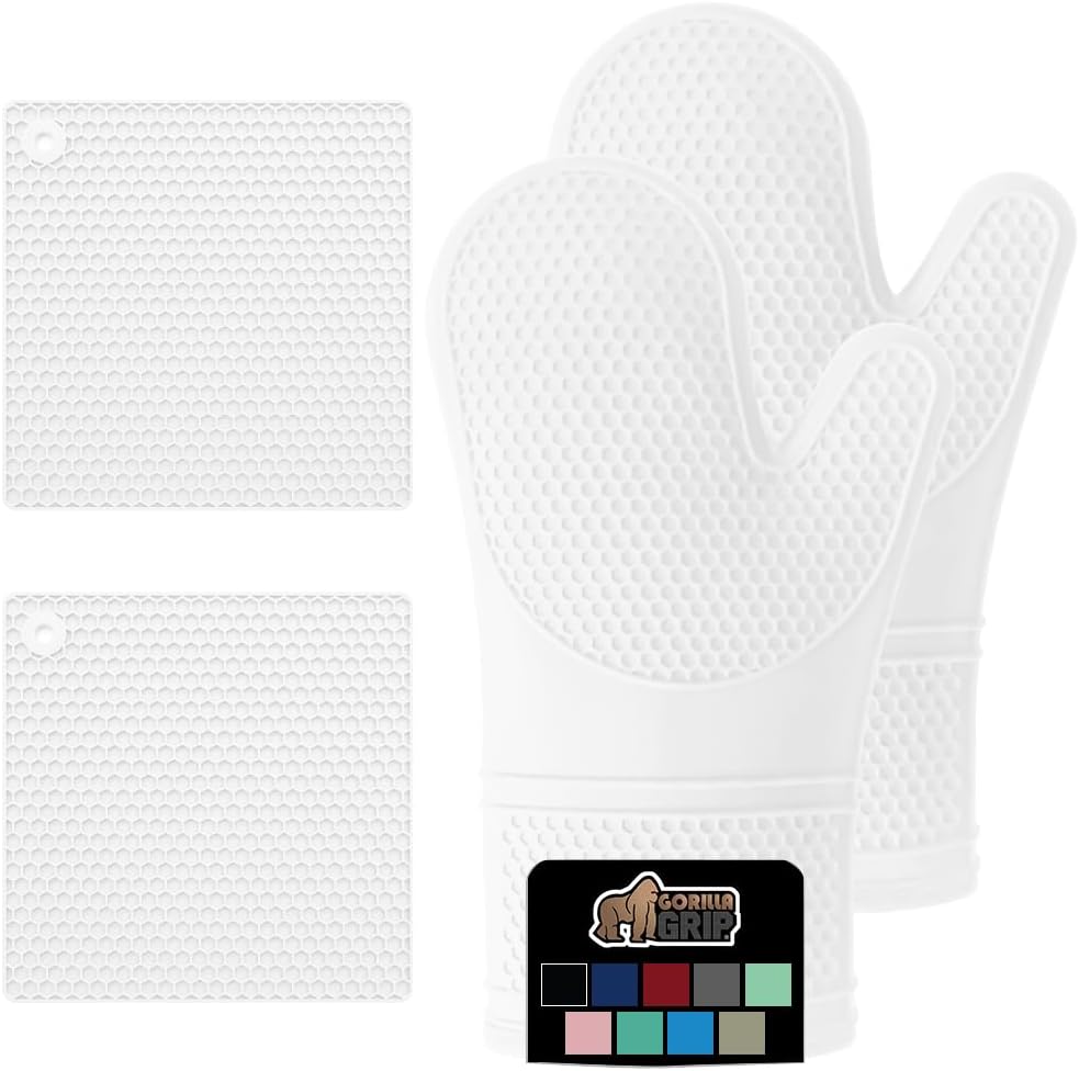GORILLA GRIP BPA-Free Soft Silicone Oven Mitts and Pot Holders Sets of 4, Heat Resistant Waterproof Cooking Gloves, Thick Cotton Lining, Flexible Gripping for Baking Grilling, Kitchen Trivets, White