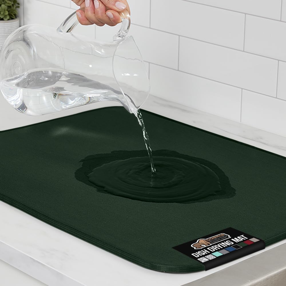 GORILLA GRIP Ultra Water Absorbent Microfiber Dish Drying Mat, 18x24, Quick Dry Thick Mesh, Slip Resistant Pad for Sink Dishes or Under Rack, Kitchen Counter Accessories, Machine Wash, Hunter Green