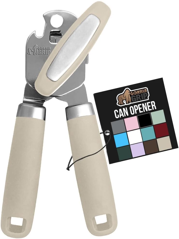 GORILLA GRIP Heavy Duty Stainless Steel Smooth Edge Manual Can Opener and Bottle Openers, Soft Comfortable Handle, Oversized Handheld Turn Knob, US Designed Multifunctional Kitchen Tool, Almond