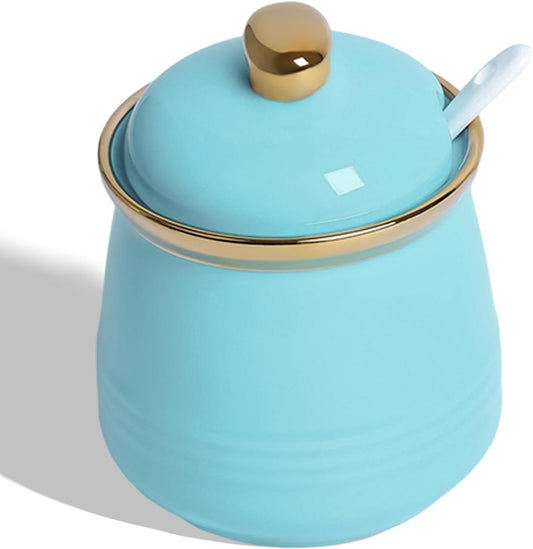 HAOTOP 12oz Sugar Bowl with Lid and Spoon,Simple Ceramic Sugar Jar Sugar Container Sugar Dispenser Coffee Bar Accessories, Modern Kitchen Countertop Canisters, Turquoise