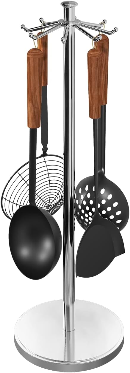 Kitchen Countertop Utensil Holder, Stainless Steel Rotatable Cooking Utensils Holder with 8 Rotating Hooks, Hanging Organizer for Spoon, Spatula, Soup Ladle, Spaghetti Server, Skimmer, Chrome