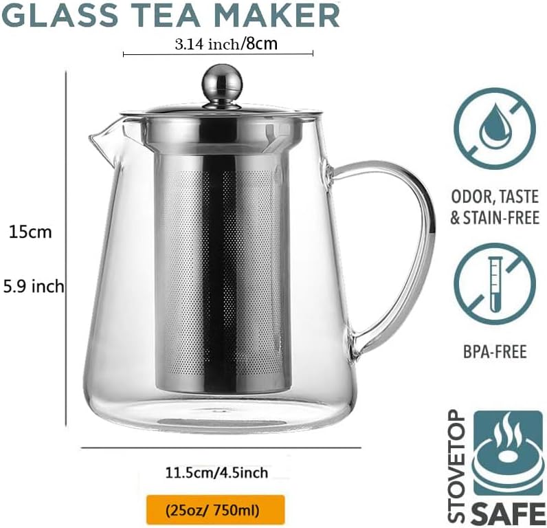 Glass Teapot (25oz/750ml) MJZQCD with Removable Stainless Steel Infuser,Glass Tea Pot transparent Stovetop tea Kettle,Blooming and Loose Leaf Tea Maker,Microwave & Dishwasher Safe