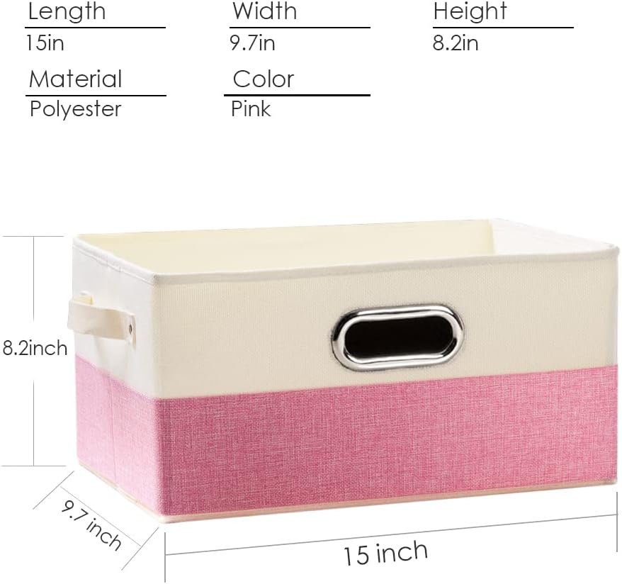 PRANDOM Large Collapsible Storage Baskets for Closet [3-Pack] Decorative Fabric Storage Bins Cubes with Leather/Metal Handles for Shelves Bedroom Living Room Pink&Cream (14.9x9.8x8.3 Inch)