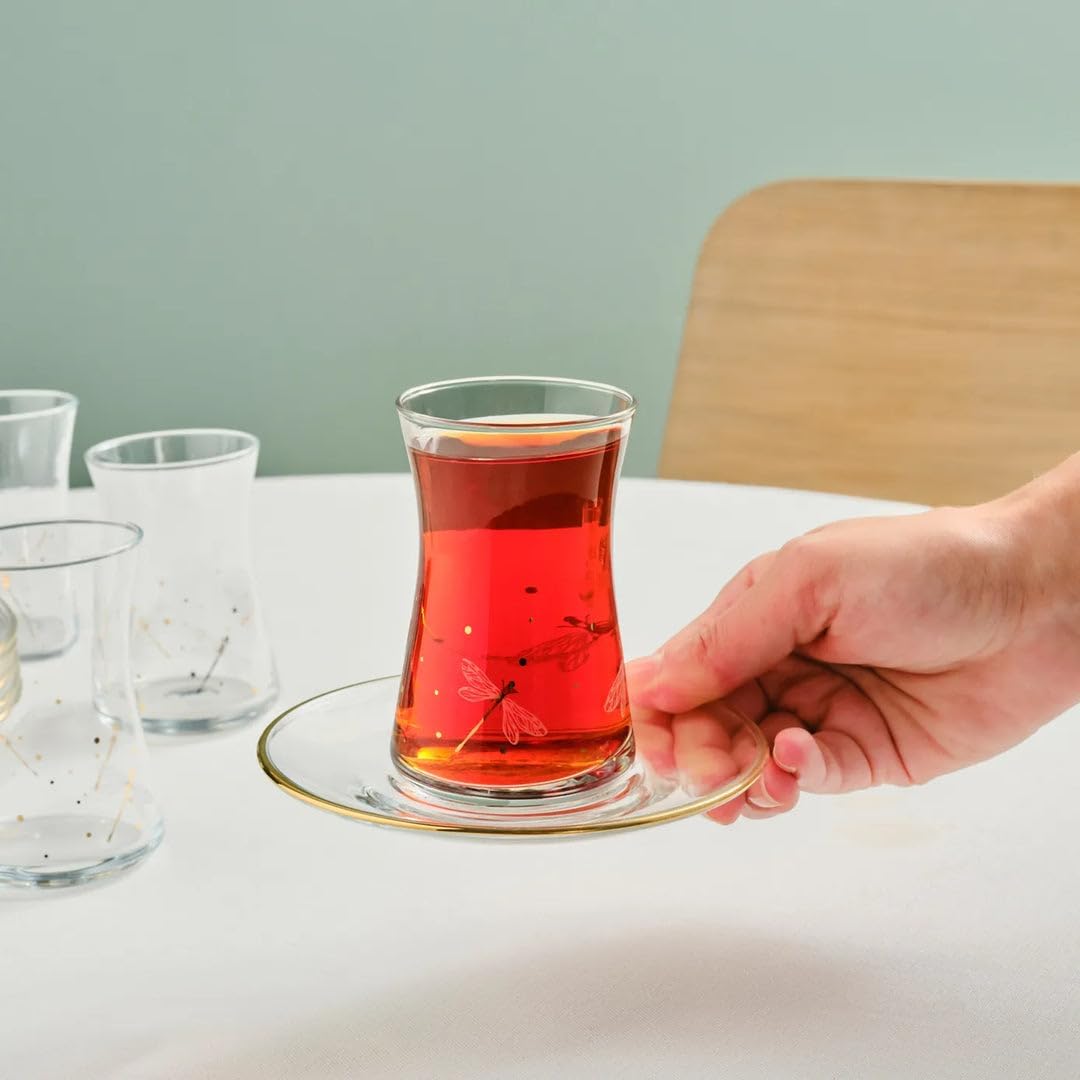 KARACA Yusufcuk Glass Elegant Tea Glass Set of 6 - (12 Piece) Clear Turkish Tea Cup Glasses and Saucers, 5.74 oz Curved Design Drinkware Cups