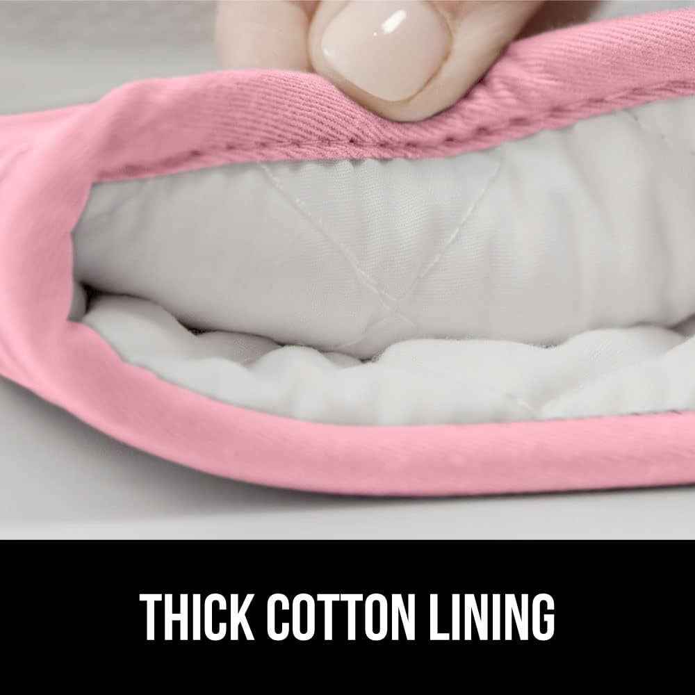 GORILLA GRIP BPA-Free Soft Silicone Oven Mitts, Heat Resistant and Waterproof Cooking Gloves, Thick Cotton Lining, Flexible Gripping for Baking Grilling, Kitchen Potholders Set of 2, 12.5x8.3, Pink