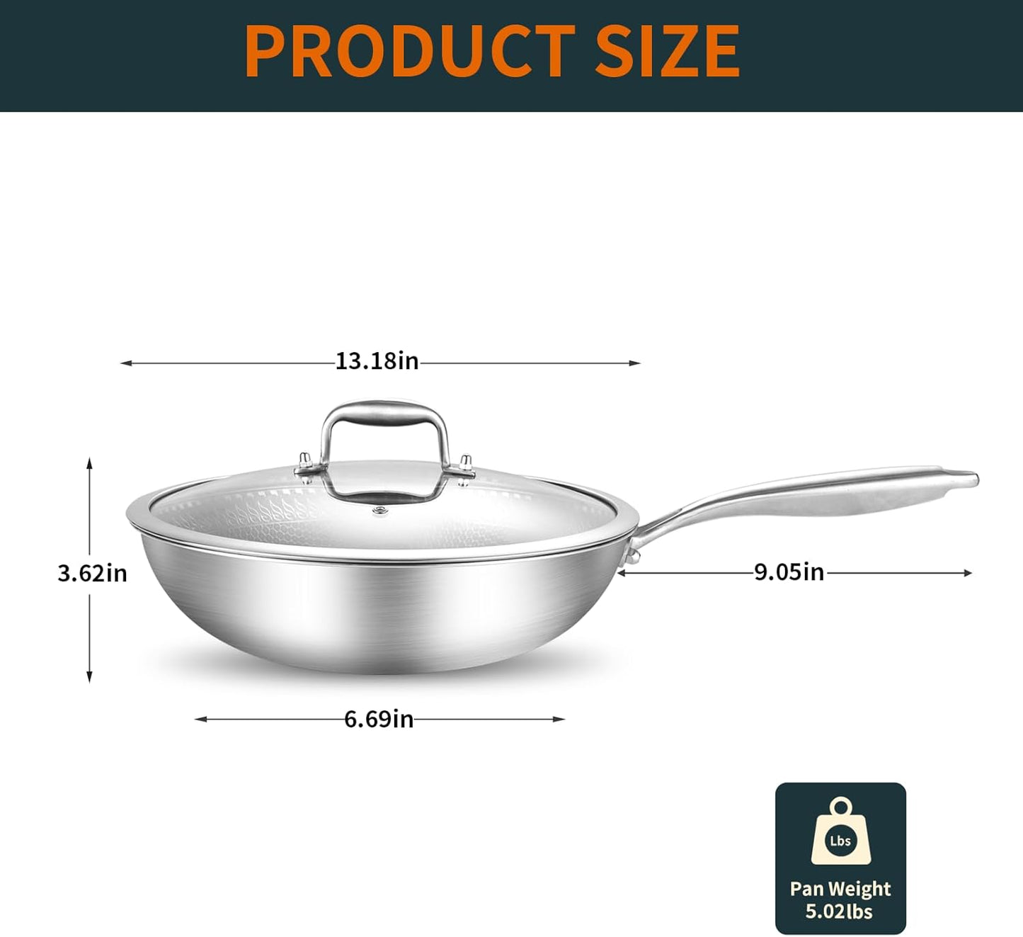 DELARLO Tri-Ply Stainless Steel Wok Pan With Lid 13 Inch, Oven Safe Up to 600℉,Woks & Stir-Fry Pans Nonstick Wok, Deep Frying Pan Efficent Fast Even Heating