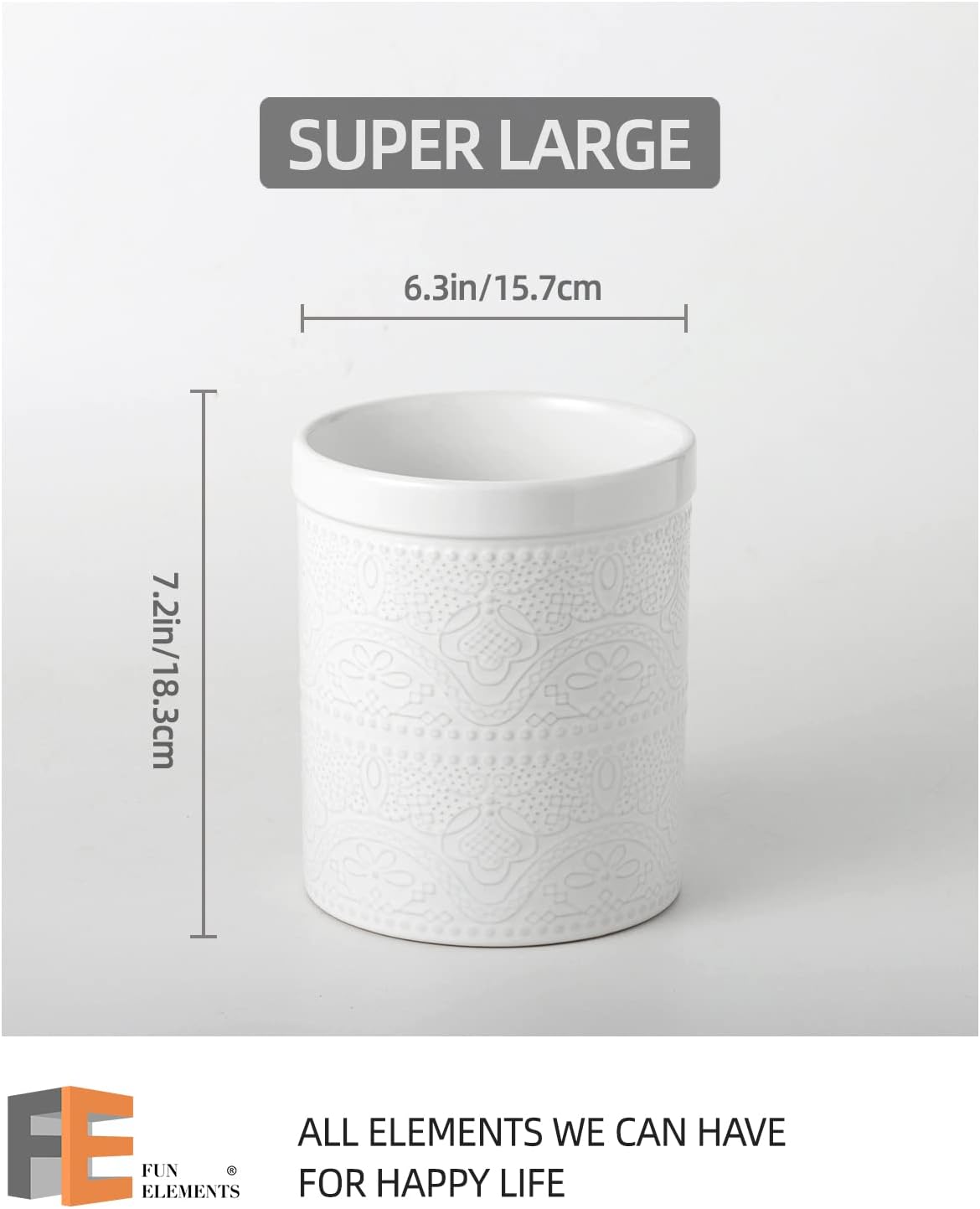FUN ELEMENTS Kitchen Utensil Holder, 7.2" Super Large Utensil Crock Heavy and Stable Lace Emboss Ceramic Utensil Holder for Kitchen Counter (Bright White)
