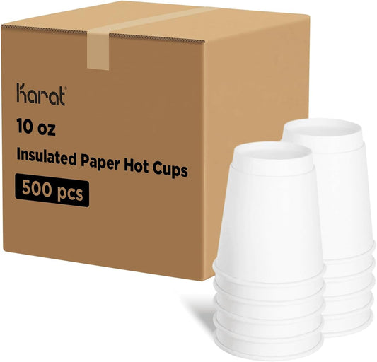 Karat 10 oz Double-Wall Insulated Coffee Cup [500 Count] White Paper Hot Cup - Rolled Rim for Hot Beverages, 90mm (C-KIC510W)