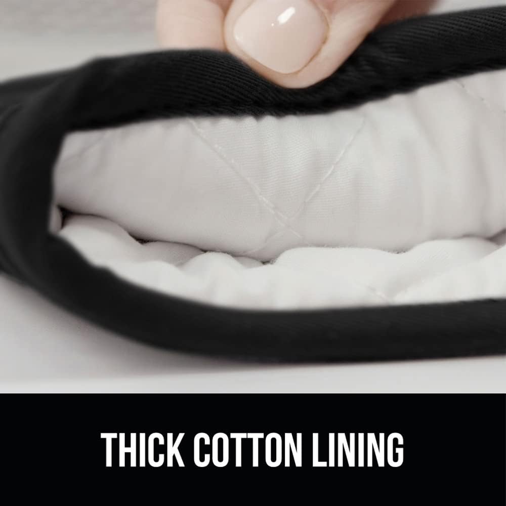 GORILLA GRIP BPA-Free Soft Silicone Oven Mitts and Pot Holders Sets of 4, Heat Resistant Waterproof Cooking Gloves, Thick Cotton Lining, Flexible Gripping for Baking Grilling, Kitchen Trivets, Black