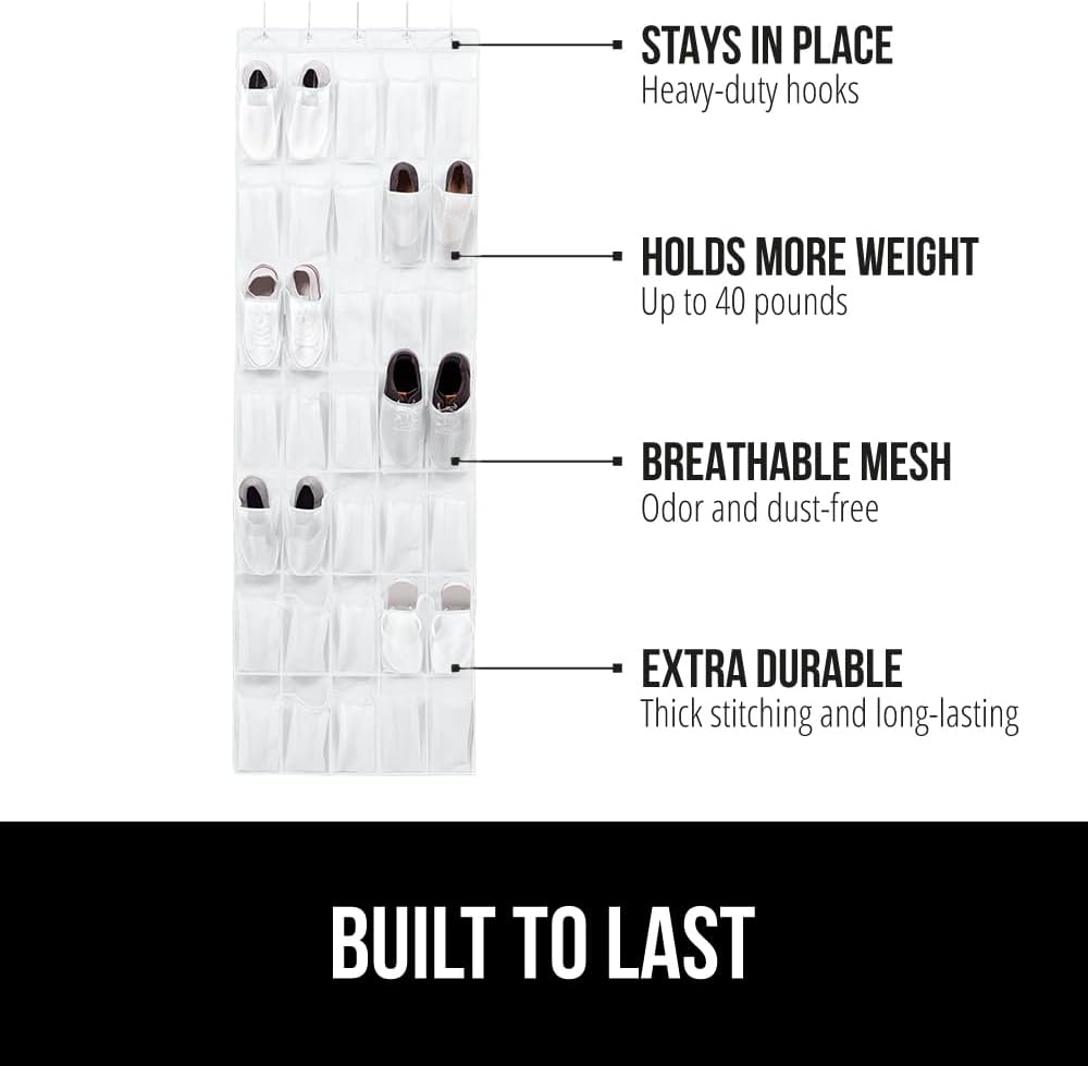 GORILLA GRIP Over the Door Shoe Organizer, 35 Large Breathable Mesh Pockets, Space Saving Hanging Storage Holder, 5 Hook Closet Rack Hanger, Hangs on Closets for Shoes, Accessories 68.5H x 24.5W White