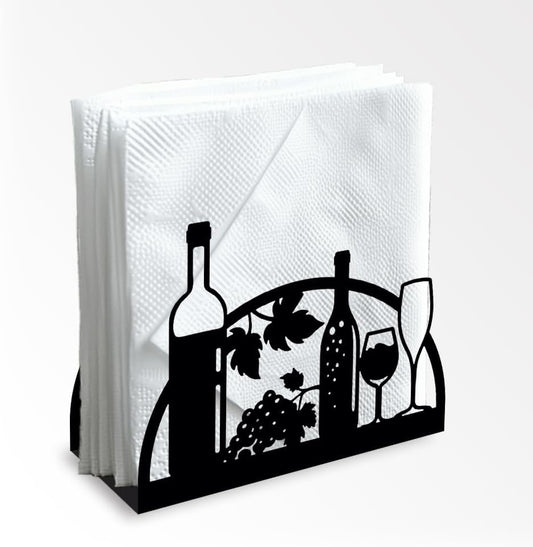 Grape Wine and Glass Decorative Black Metal Napkin Holder for Table, 4.9" x 4.9" x 1.9" Standing Napkin Holder for Home Kitchen Restaurant Picnic Party Coffee Bar Dining Room