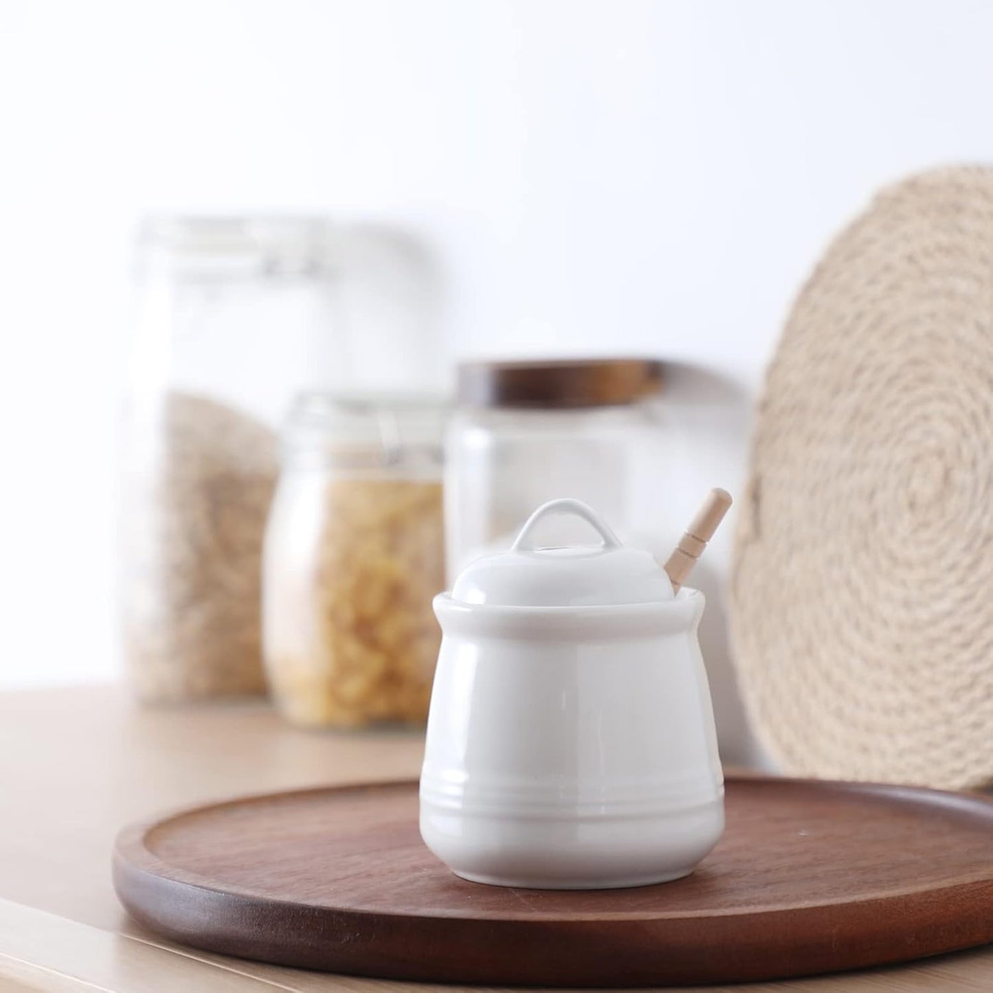HAOTOP Ceramic Honey pot with Lid and Honey Dipper,Porcelain Honey Jar Easy to Clean and Dishwasher Safe,12oz (White)