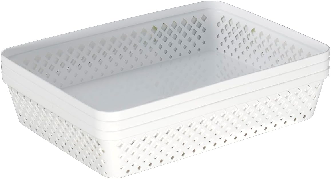 Glad Plastic Storage Basket Set - Multipurpose Drawer Trays, Kitchen Pantry Containers, and Bathroom Bins - 3 Pack Large Organizers, White