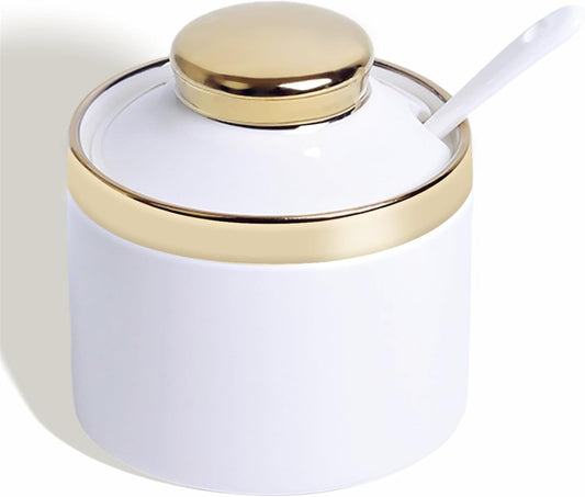 HAOTOP 8 oz Sugar Bowl with Lid and Spoon, Simple Ceramic Sugar Jar Sugar Dispenser Sugar Container Coffee Bar Accessories, Modern Kitchen Countertop Canisters, White