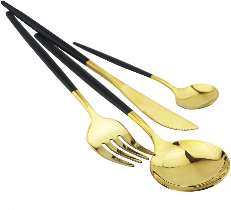 JASHII Black GoldSilverware Set, 20-Piece Stainless Steel Flatware With Satin Finish, Kitchen Utensils, Mirror Polished Tableware Cutlery for Home and Restaurant, Dishwasher Safe