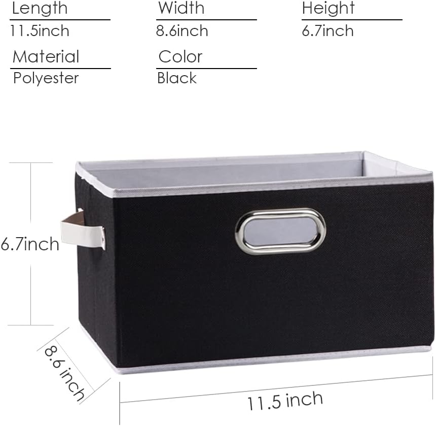 PRANDOM Fodable Storage Bins for Closet [3-Pack] Decorative Fabric Storage Baskets Cubes with Leather/Metal Handles for Shelves Bedroom Living Room Black (11.5x8.5x6.7 Inch)