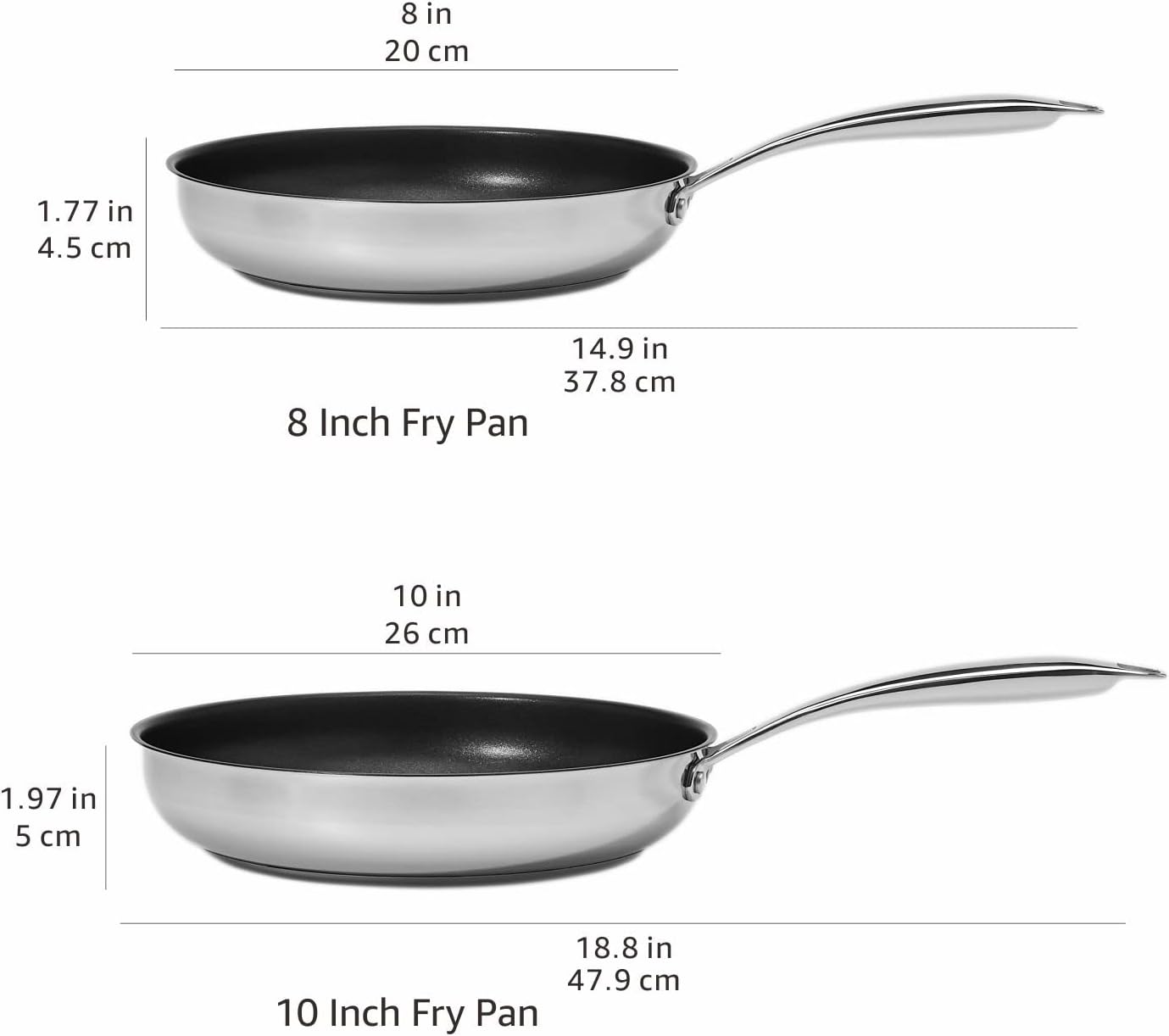 Amazon Basics 2-Piece Non-Stick Stainless Steel Fry Pan Set, Oven and Induction Safe, 10-Inch and 8-Inch