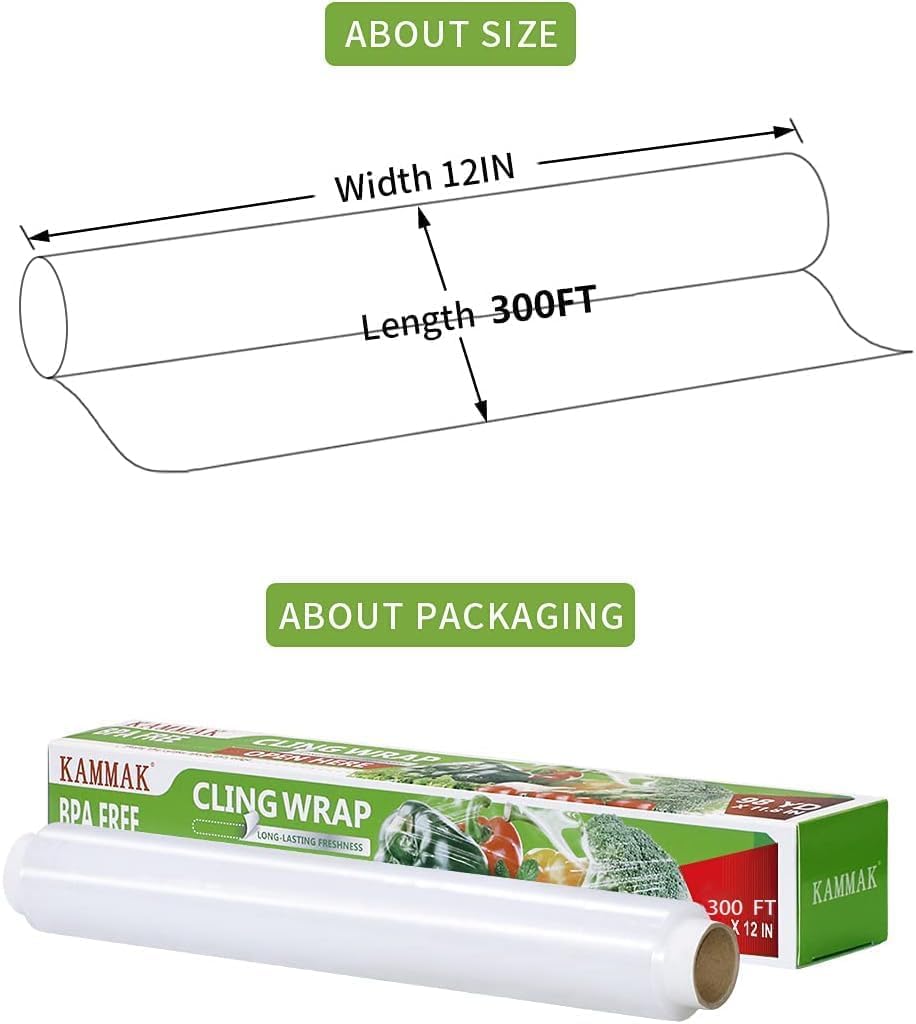 KAMMAK Plastic Wrap, Food Wrap with Slide Cutter, Cling Wrap 12 inch Food Service Clear Cling Film 2 Pack 300 Square FT Roll BPA-Free Microwave-Safe Kitchen Wrap Quick Cut Plastic Film