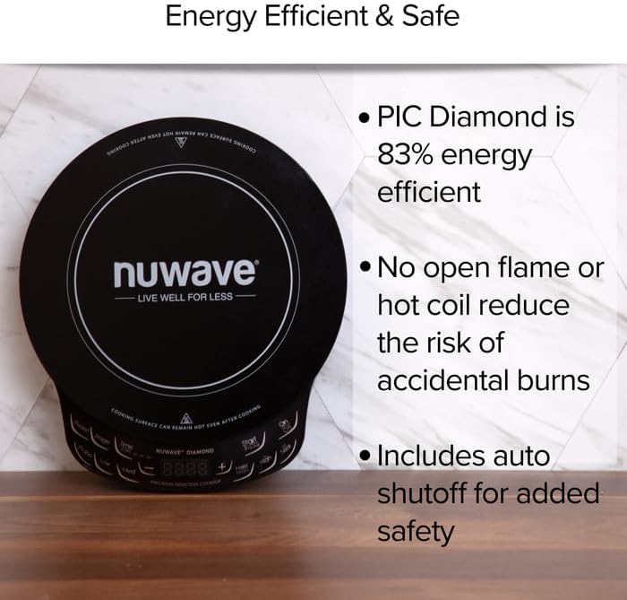 Nuwave Diamond Induction Cooktop, New & Improved Electric Burner with Probe, 91 Temps 50°F to 500°F, 6.5” Heating Coil, Shatter-Proof Ceramic Glass, 3 Wattage Settings, Ideal for Dorms, RVs & Apts