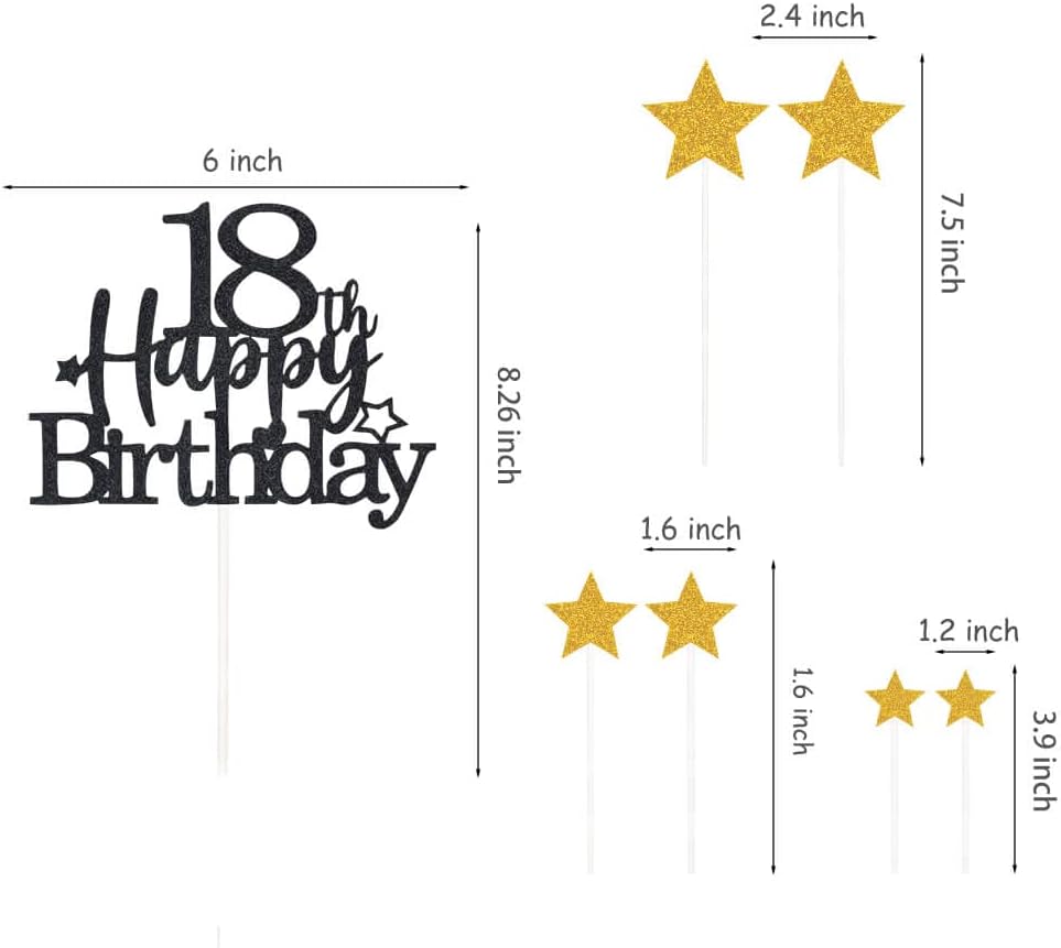 Glittery 18th Happy Birthday Cake Topper with Star,Personalised 18 Birthday Cake Toppers Party Decorations Party Supplies for Boys Girls Black Gold