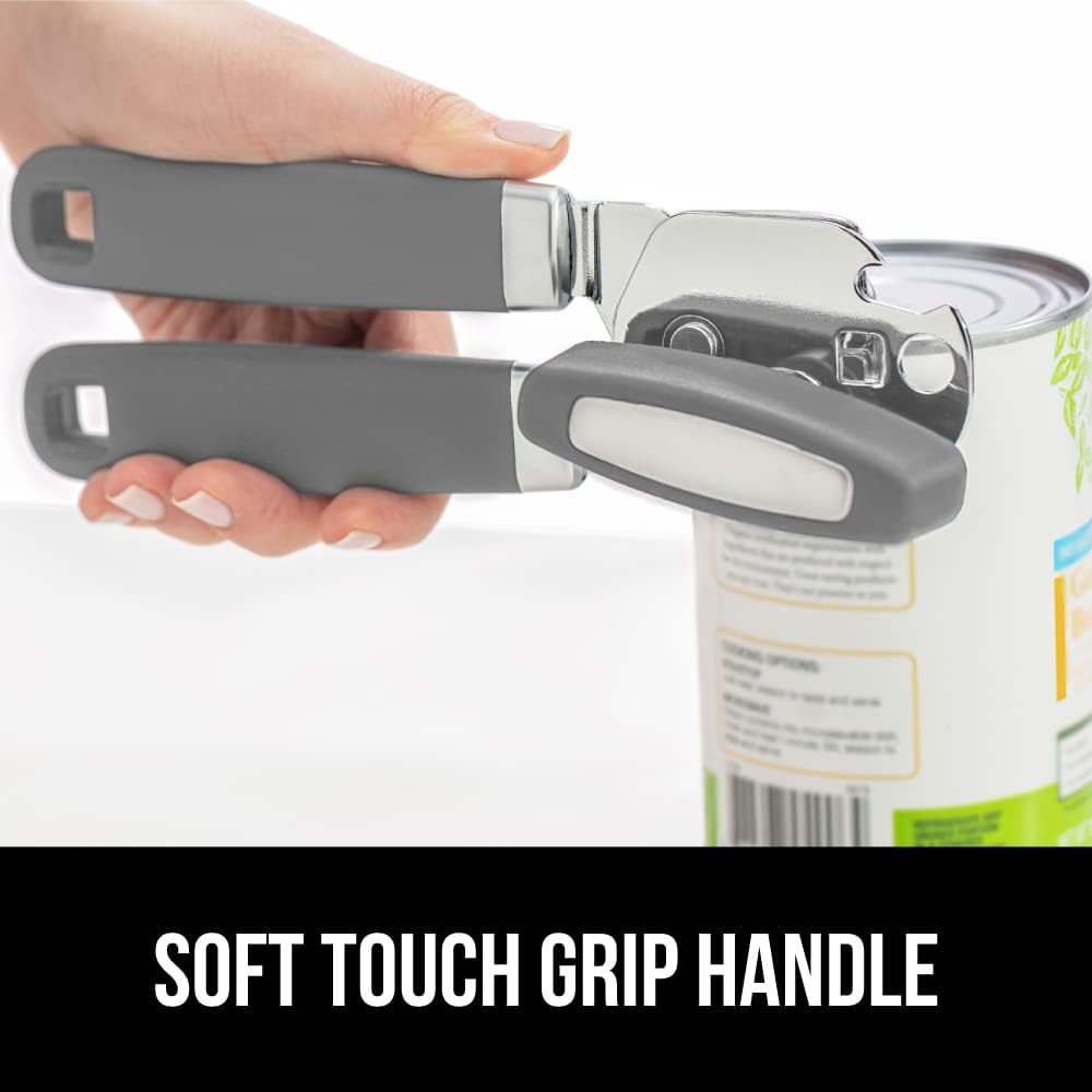 GORILLA GRIP Heavy Duty Stainless Steel Smooth Edge Manual Can Opener and Bottle Openers, Soft Comfortable Handle, Oversized Handheld Turn Knob, US Designed Multifunctional Kitchen Tool, Gray
