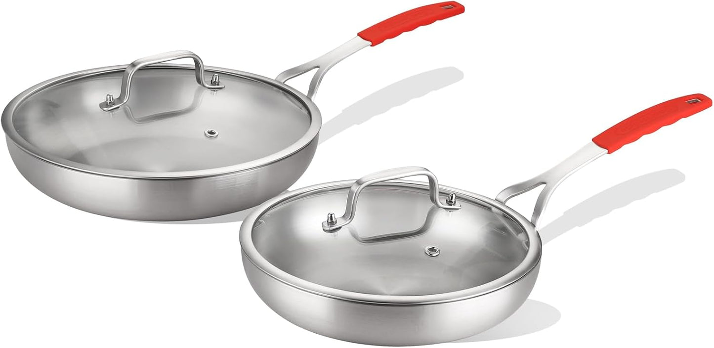 DELARLO Tri-ply Stainless Steel Frying Pan Set with Lid 8" 10" Induction Skillets Chef's Pan,Pots and Pans Set Kitchen Cookware Frying Pan Set Dishwasher and Oven Safe