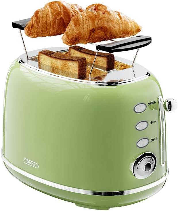 Toaster Retro 2 Slice, Vintage Green Toaster with Lid, with Bread Attachment, Preheat, Defrost And Cancel Functions, 6 Browning Levels (Green)