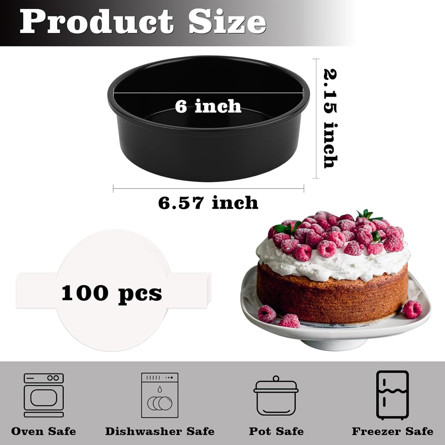 HUAKENER 6 Inch Cake Pan - Set of 3 Round Cake Pans with 100 Pieces Parchment Paper, Non-stick Cake Baking Pans, Dishwasher Safe