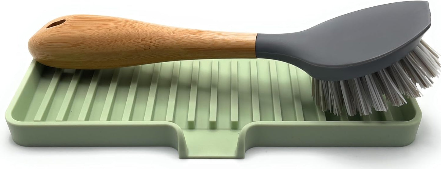 Happitasa Silicone Soap Dish Tray and Sponge Holder with Drain Chute | Bathroom and Kitchen Sink Organizer Caddy (Pistachio, 9"x3.5", 5.6 Ounces)