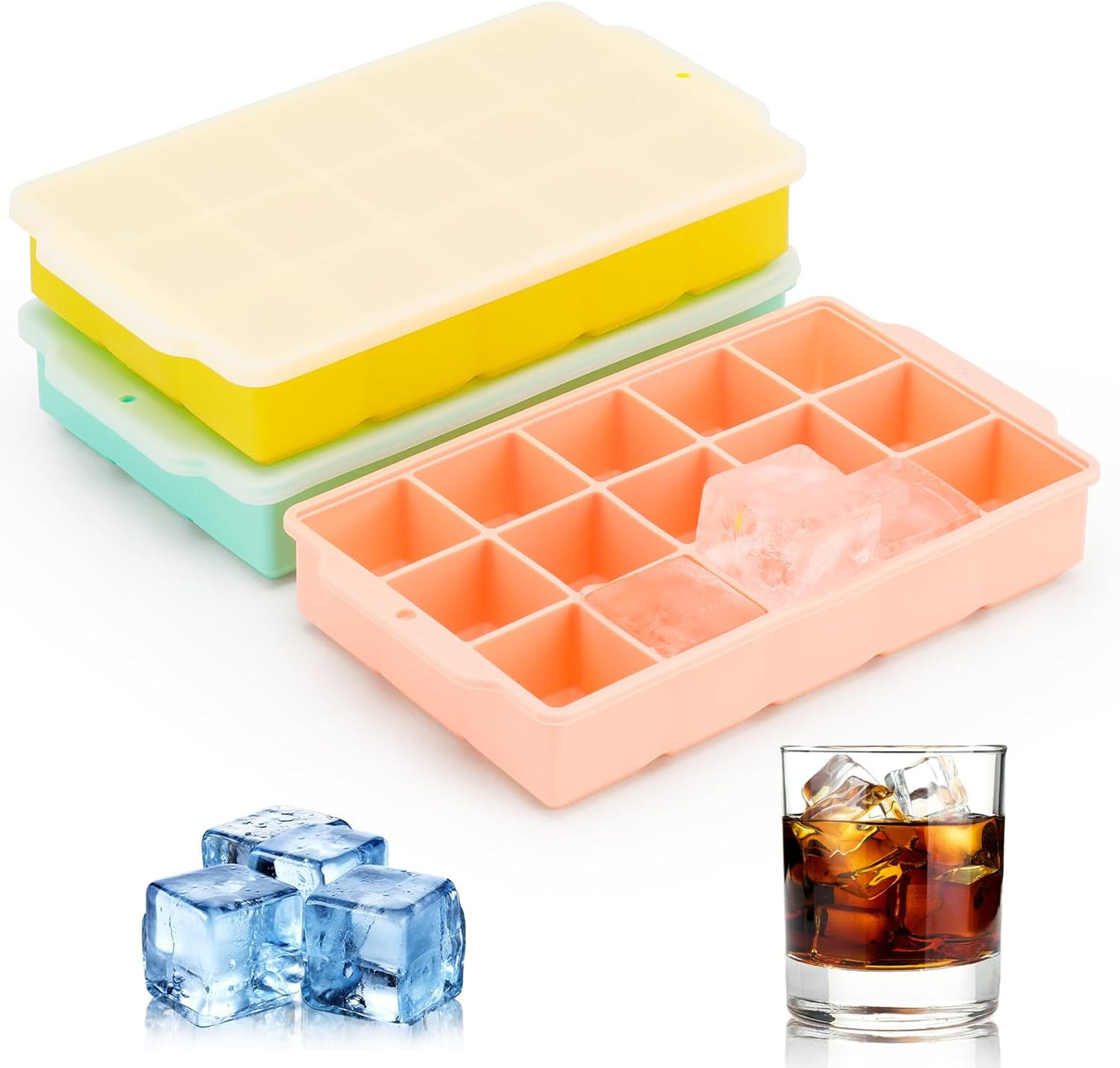 Ice Cube Tray, Ice Tray for Freezer with Lid, 3 Pack Silicone Ice Cube Trays for Freezer with15 Flexible Easy Release Ice Trays